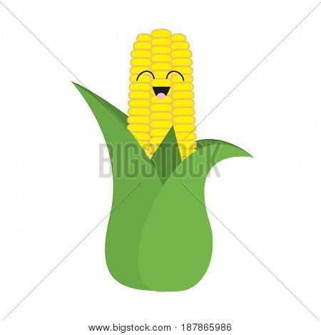 Corn cob ear with leaves icon. Yellow color. Vegetable collection. Fresh farm healthy food. Smiling face. Cute cartoon character. Education card. Flat design. White background. Isolated. Vector