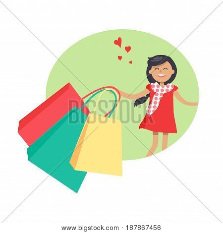 Purchasing template with smiling young girl holding red, green and yellow packages vector colorful illustration in flat design. Female person in ruddy dress and with small hearts signs in air
