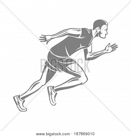 Silhouette of isolated running man on white background. Male person in sportswear and running shoes. Sport lifestyle colourless vector illustration. Motion movement in cartoon style flat design