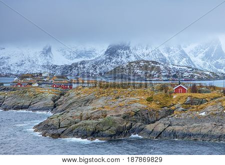 Travel Concepts and Ideas. Traditional Norwegian Fishing Hut Called Hamnoy in Norway.Horizontal Image