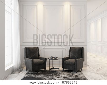 Armchairs and coffee table in classic white interior. 3D render interior mock up.