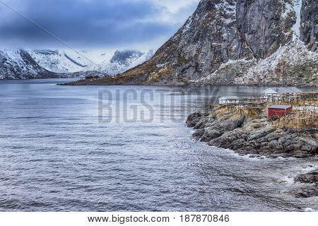 Travel concepts and Ideas. Picturesque Breathtaking View of Hamnoy Village at Lofoten Islands Shot from Upper Point.Horizontal Image