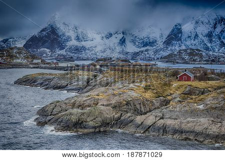 Travel concepts and Ideas. Picturesque Breathtaking View of Reine Village at Lofoten Islands Shot from Upper Point. Horizontal Image