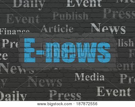 News concept: Painted blue text E-news on Black Brick wall background with  Tag Cloud
