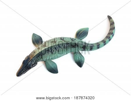 top view Mosasaurus toy on white background