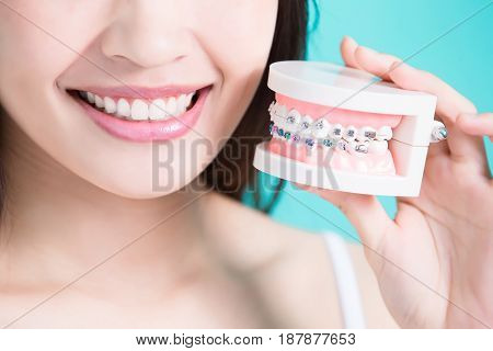 woman with bace tooth model on the green background