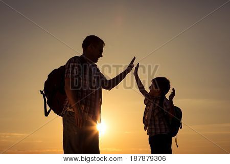 Father And Son Walking On The Field At The Sunset Time.