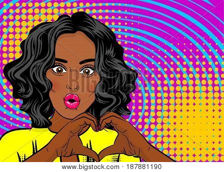 Black young woman pop art style wow face show heart hands. Colored halftone retro dot background for comic text. Positive girl fashion kitch. Saint Valentine love poster banner. Cartoon portrait
