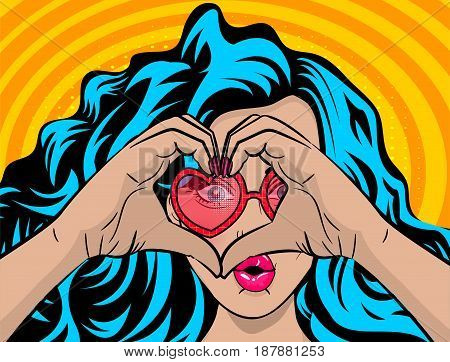 White young woman wow face blue hair pop art style show heart hands. Colored halftone retro dot background for comic text. Positive cartoon girl fashion kitch. Saint Valentine love poster banner