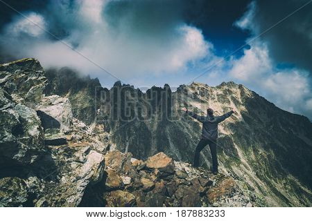 Hiker Welcome Beautiful Mountain Valley. Instagram Stylization