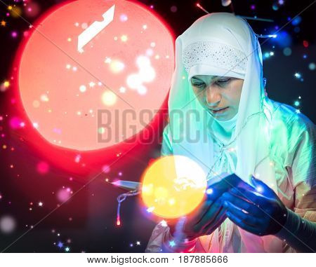 Muslim man praying for god in dark room at ramadan,colorful and vintage tone filter effect color style