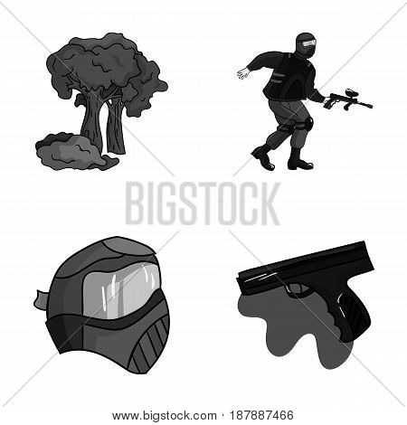 Mask, gun, paint, inventory .Paintball set collection icons in monochrome style vector symbol stock illustration .