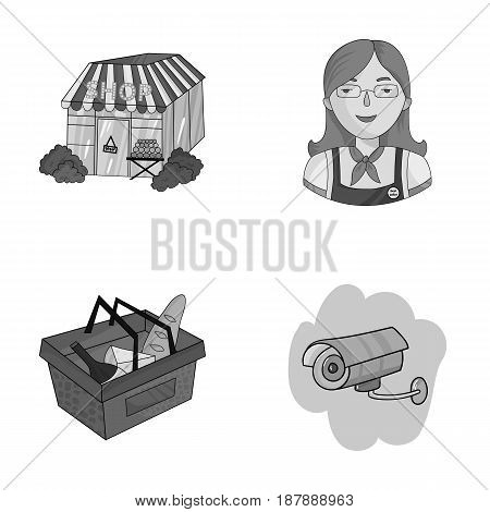 Salesman, woman, basket, plastic .Supermarket set collection icons in monochrome style vector symbol stock illustration .