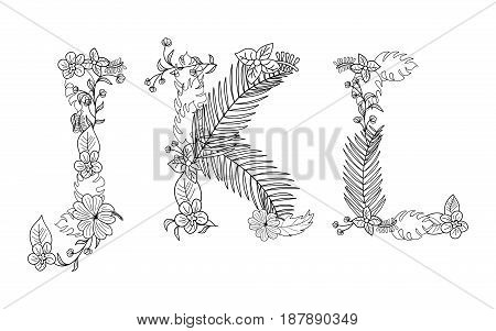 Tropical floral summer pattern hand drawn ornamental font set with palm beach leaves, flower. Letter J, K, L