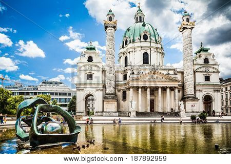 Beautiful View Of Famous Saint Charles's Church (wiener Karlskirche) At Karlsplatz In Vienna, Austri