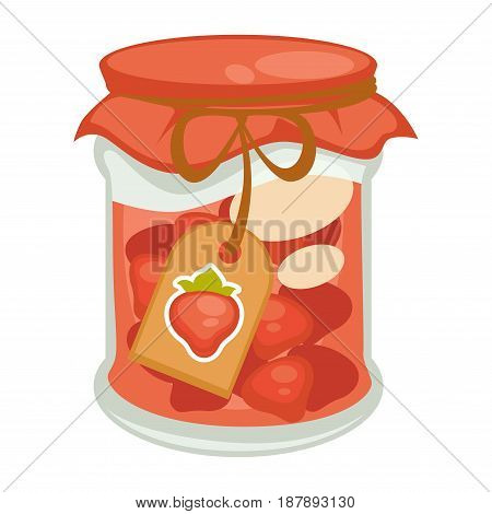 Vector illustration of jar with canned ripe strawberry isolated on white.