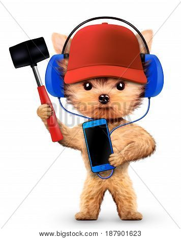 Funny dog in basebal cap with hammer isolated on white background. Constructor and handyman concept. 3D illustration with clipping path