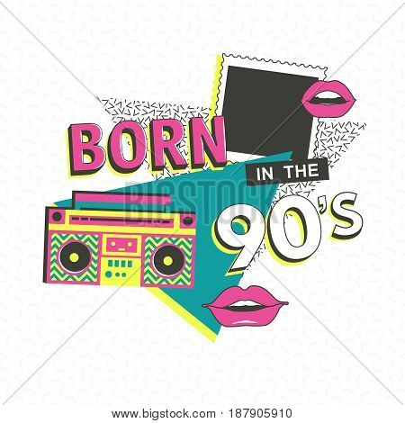 Template memphis poster with photo frame, lips and geometric ornaments elements. Back to the 90 s. Vector background in trendy 80s-90s.