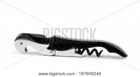 Corkscrew isolated on white background / corkscrew on white wooden table background / Wine stains cork and corkscrew on paper. Horizontal format.