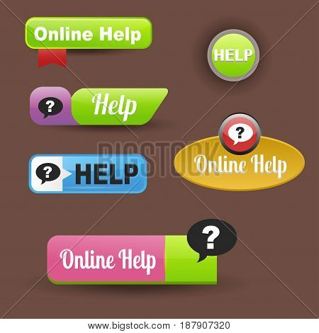 Colorful website online help buttons design vector illustration glossy graphic label internet template banner. Rounded blank menu reflection business navigation download interface.
