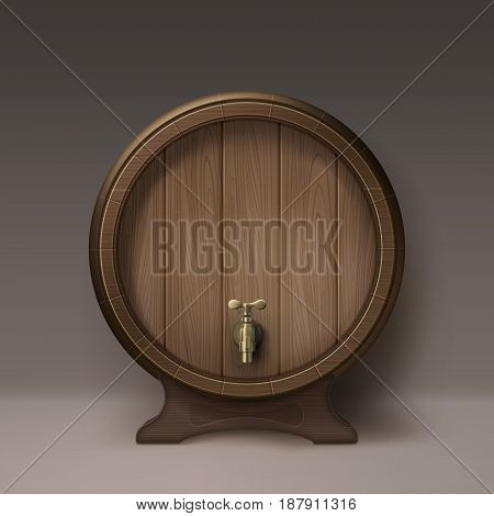 Vector old wooden barrel on rack with bronze stopcock front view isolated on background