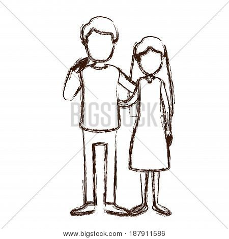 blurred silhouette full body woman with long hair in dress and man embracing couple vector illustration