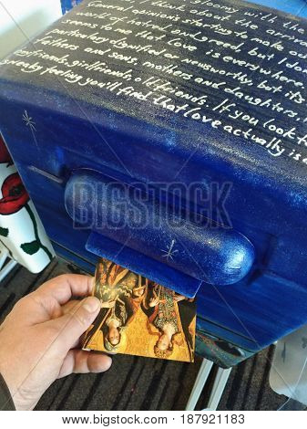 KIEV - UKRAINE - MAY 2017: Designer mailboxes at the airport Borispol. Action Ukrposhta, anyone can send a free card to their relatives free of charge.