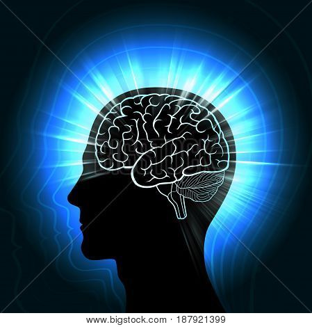 Shining a human head with a glowing outline of the brain and radiating waves, aura, the concept of man's connection with the Universe