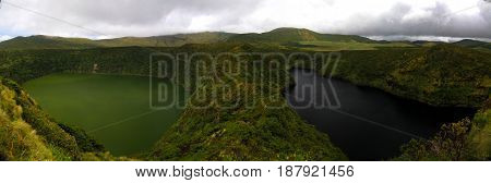 Aerial view to Comprida and Negra lakes Flores island in Azores. Portugal