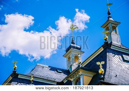Close up of the Roof of baroque palace Pillnitz is located near Dresden on the River Elbe, Saxony, Germany.