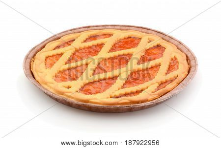 Cake with apricot jam isolated on white