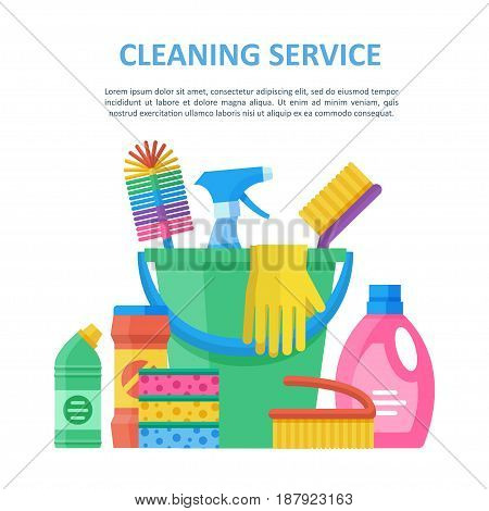 Cleaning service bright objects, plastic bucket full of janitor helpful elements, complete professional set for home and office keeping. Vector flat style illustration isolated on white background
