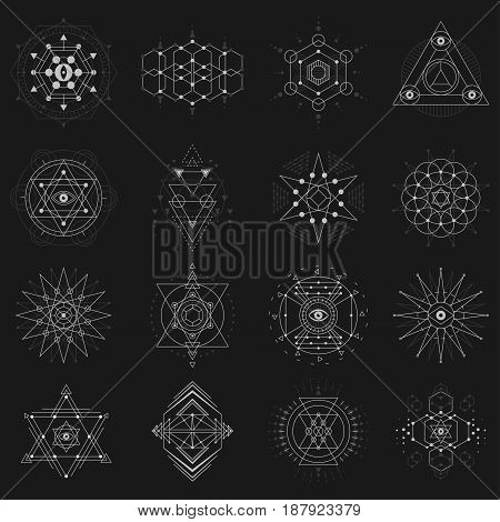 Geometric shapes with symbolic proportion and sacred meanings, esoteric idea in simple forms. Vector flat style illustration isolated on black background