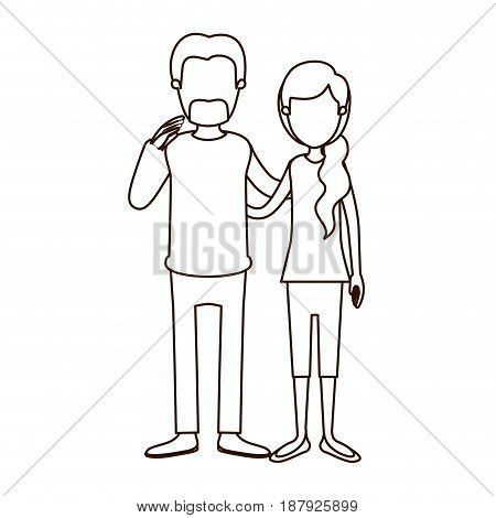 sketch contour full body woman with ponytail side hair and man embracing couple vector illustration