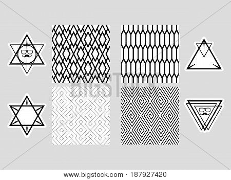 Set of seamless patterns and collection of design elements labelsicon for packagingdesign of elite products. Monochrome and isolated. Vector illustration