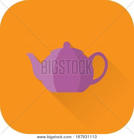 Teapot icon. Flat design with long shadow. Vector. Purple kettle isolated on orange background.