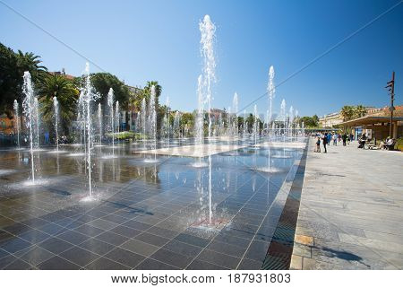 NICE FRANCE - April 22 2017: The fountains of the Promenade du Paillon in Nice France.