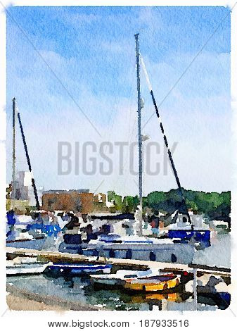 Digital watercolor painting of a sailing boat at a pontoon in a harbor with space for text.