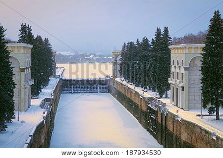River floodgate in the city of Moscow in the winter