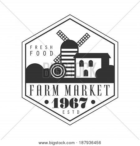 Farm market estd 1967 logo. Black and white retro vector Illustration for organic products packaging, farms, shops