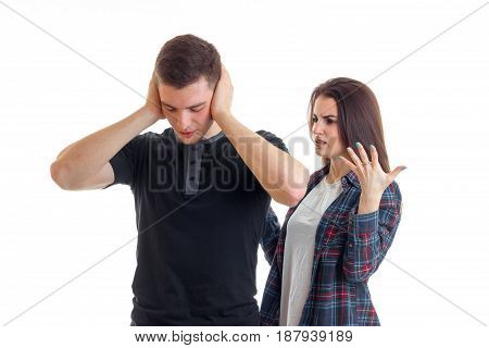 a young couple standing near and ascertain relationships gesticulating hands isolated on white background