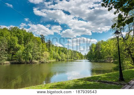 Beautiful pond in the park. Sredniy Tsaritsynskiy prud. Tsaritsyno Park.