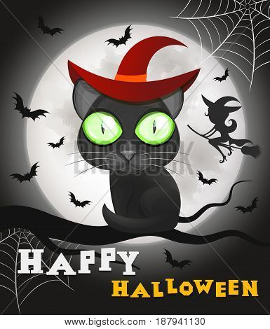 Halloween Black Cat Against a Moon Night Sky.