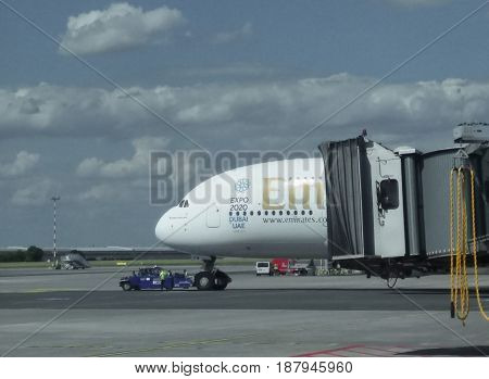 VIENNA AUSTRIA - CIRCA JULY 2016: World biggest passenger aircraft Airbus A380 of the Emirates airlines at Vienna Schwechat international airport