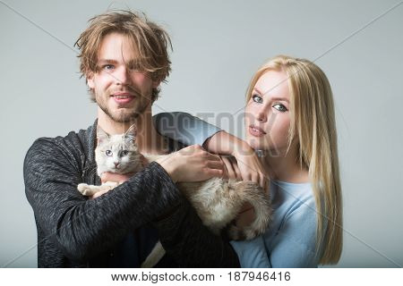 family couple in love with cat. woman or cute girl with long blond hair and happy man or macho holding adorable cat or kitten pet fluffy domestic animal in arms on grey background. Veterinarian