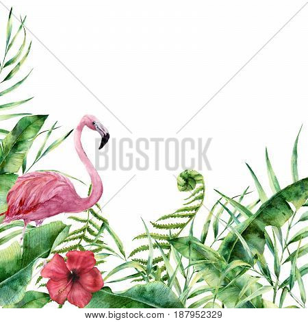 Watercolor tropical nature card. Hand painted floral frame with palm tree leaves, fern branch, banana and magnolia leaves, hibiscus flower and flamingo isolated on white background. Greeting design.