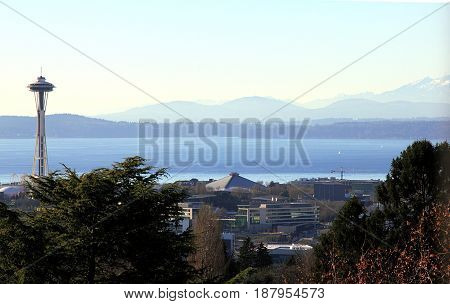 Seattle, Washington - Jan 2, 2016. Beautiful view from Volunteer Park Water Tower on Space Needle, Elliott Bay, and the mountains.