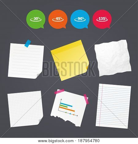 Business paper banners with notes. Angle 30-135 degrees icons. Geometry math signs symbols. Full complete rotation arrow. Sticky colorful tape. Speech bubbles with icons. Vector