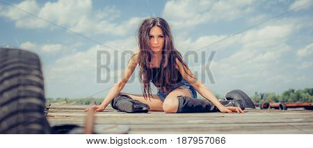 Hot Fashion Stylish Woman Posing In Sexy High Black Boots