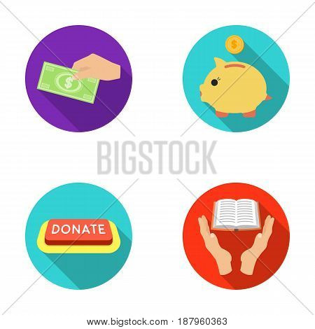 Hand with money for poshestvovaniya, a piggy bank for charity, a button with an inscription, a book for the blind in their hands. Charity and donation set collection icons in flat style vector symbol stock illustration .
